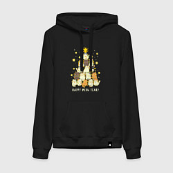 Толстовка-худи хлопковая женская Елка из котиков С мяу годом, цвет: черный