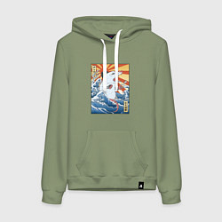 Толстовка-худи хлопковая женская Гравюра японский опоссум в стиле укиё-э, цвет: авокадо