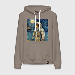 Толстовка-худи хлопковая женская Космонавт на луне в стиле Ван Гог, цвет: утренний латте