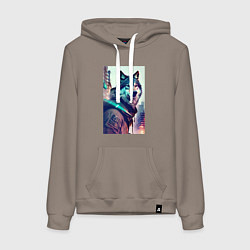 Толстовка-худи хлопковая женская Волк - житель мегаполиса, цвет: утренний латте