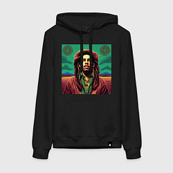 Толстовка-худи хлопковая женская Digital Art Bob Marley in the field, цвет: черный