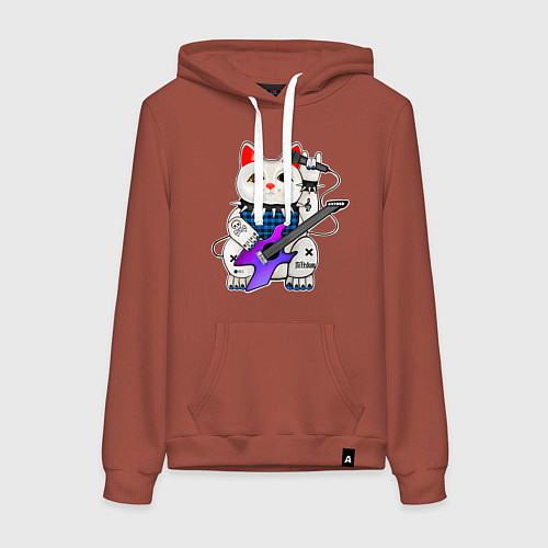 Женская толстовка-худи Рок кот нэко с микрофоном и гитарой / Кирпичный – фото 1