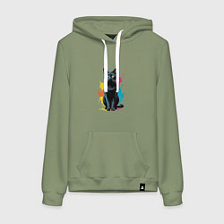 Толстовка-худи хлопковая женская Кошка яркая грациозность, цвет: авокадо