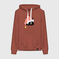 Толстовка-худи хлопковая женская Новогодний черный кот в новогоднем колпаке, цвет: кирпичный