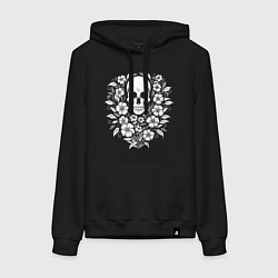 Толстовка-худи хлопковая женская Череп с белыми цветами и растениями, цвет: черный