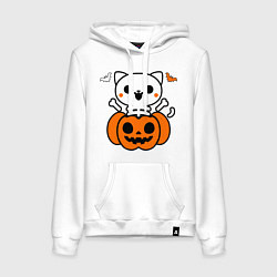 Толстовка-худи хлопковая женская Веселый кот-скелет в тыкве - Хэллоуин, цвет: белый