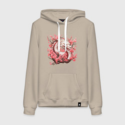 Толстовка-худи хлопковая женская Драконы и сакура, цвет: миндальный