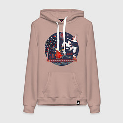 Толстовка-худи хлопковая женская Сказка Гуси - лебеди в стиле мезенской росписи, цвет: пыльно-розовый