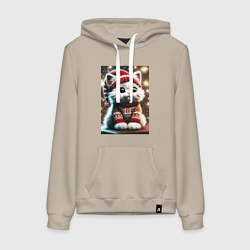 Женская толстовка-худи Котик в новогоднем свитере / Миндальный – фото 1