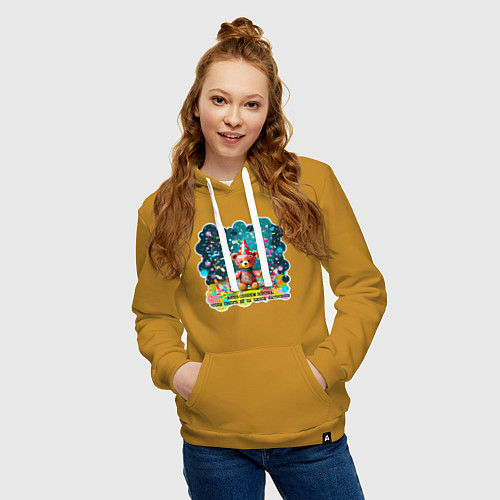 Женская толстовка-худи Мишка в праздничном колпаке и конфетти: жизнь слиш / Горчичный – фото 3