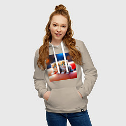 Толстовка-худи хлопковая женская Два милых пушистых котика сидят на ладони, цвет: миндальный — фото 2