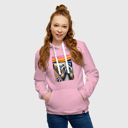 Женская толстовка-худи Енот кричит - мем нейросеть / Светло-розовый – фото 3
