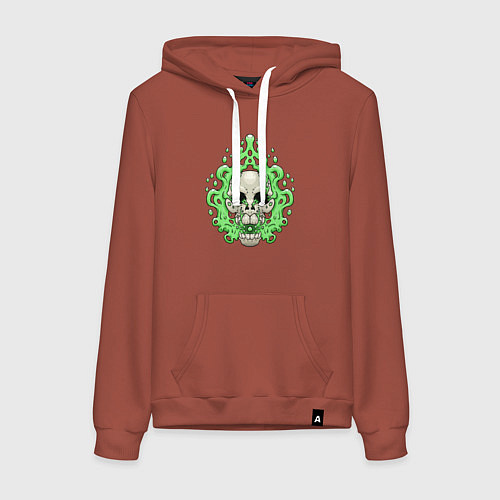 Женская толстовка-худи Череп в зелёном дыму / Кирпичный – фото 1
