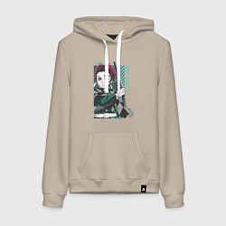 Толстовка-худи хлопковая женская Клинок рассекающий демонов Тандзиро зеленый, цвет: миндальный