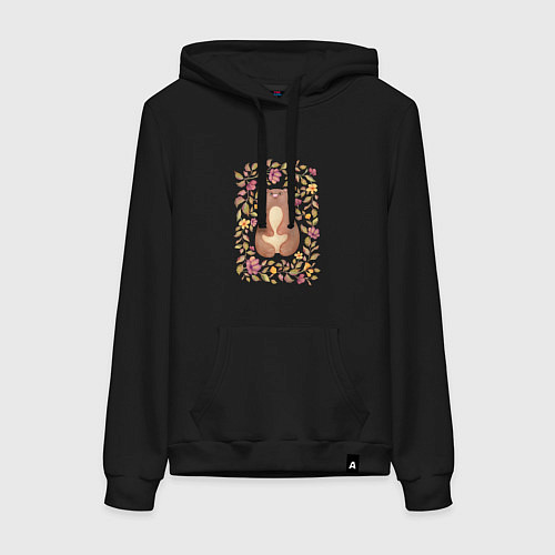 Женская толстовка-худи Медведь с осенними цветами и листьями / Черный – фото 1