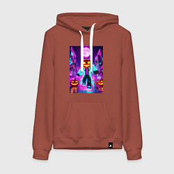 Толстовка-худи хлопковая женская Neon halloween and Minecraft - collaboration, цвет: кирпичный