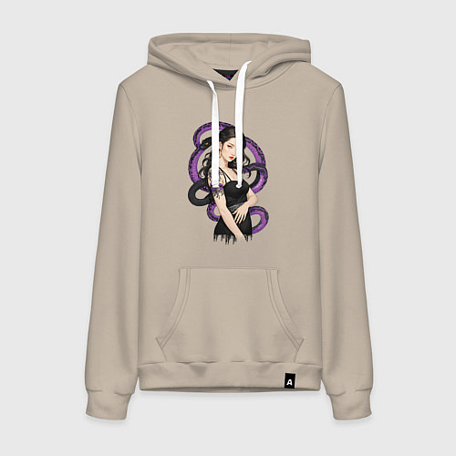 Женская толстовка-худи Девушка в чёрном платье и змея / Миндальный – фото 1