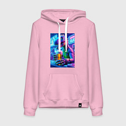 Толстовка-худи хлопковая женская Неоновый пивозавр за барной стойкой - нейроарт, цвет: светло-розовый