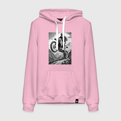 Толстовка-худи хлопковая женская Мотоциклист в горах, цвет: светло-розовый