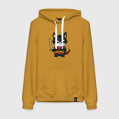 Женская толстовка-худи Смелый кот самурай / Горчичный – фото 1