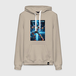 Толстовка-худи хлопковая женская Кибер боец - неоновое свечение, цвет: миндальный