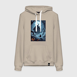 Толстовка-худи хлопковая женская Тоторо и бегущий чёрный кот - хэллоуин, цвет: миндальный