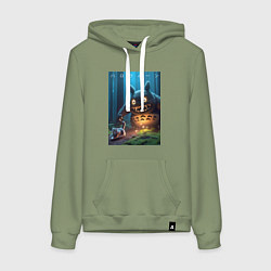 Толстовка-худи хлопковая женская Тоторо вспугнул кота в ночь на хэллоуин - фантазия, цвет: авокадо