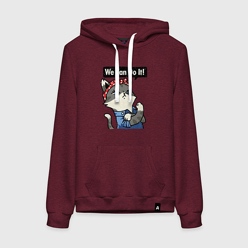 Женская толстовка-худи We can do it - cat / Меланж-бордовый – фото 1