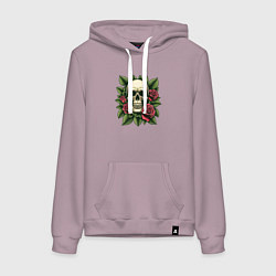 Толстовка-худи хлопковая женская Череп в зеленых листьях и красных розах, цвет: сиреневый