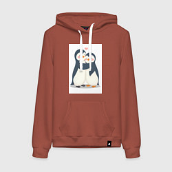 Толстовка-худи хлопковая женская Пингвинчики обнимаются, цвет: кирпичный