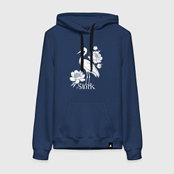 Толстовка-худи хлопковая женская Аист с цветами, цвет: тёмно-синий