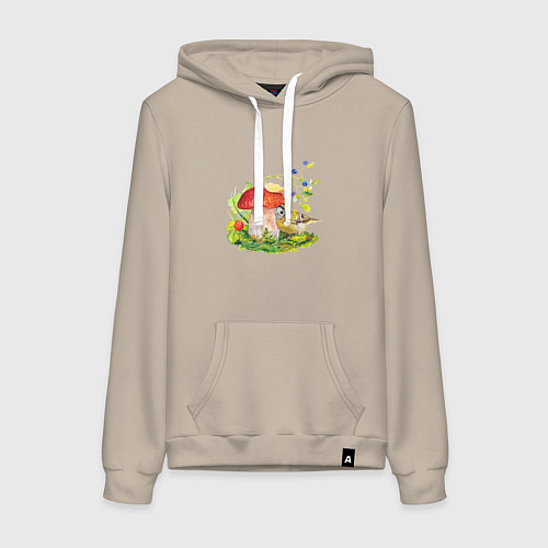 Женская толстовка-худи Королек желтоголовый и белый гриб / Миндальный – фото 1