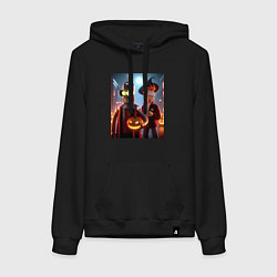 Толстовка-худи хлопковая женская Бендер и Фрай в шляпе - ночь на хэллоуин, цвет: черный