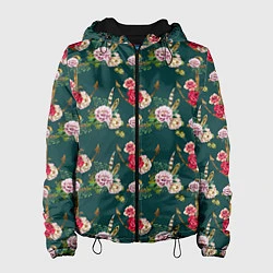 Куртка с капюшоном женская Цветы и бабочки 7, цвет: 3D-черный