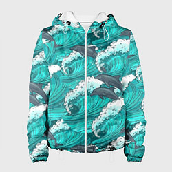 Куртка с капюшоном женская Лазурные дельфины, цвет: 3D-белый