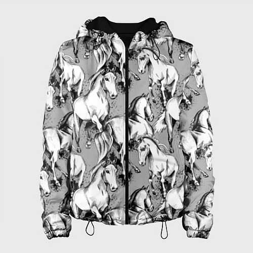 Женская куртка Белые лошади - паттерн / 3D-Черный – фото 1