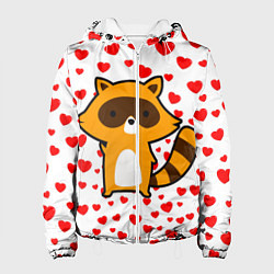 Куртка с капюшоном женская Енот в сердечках, цвет: 3D-белый