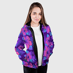 Куртка с капюшоном женская Узор Неоновый Гибискус, цвет: 3D-черный — фото 2