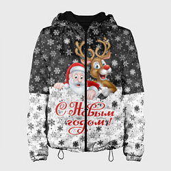 Куртка с капюшоном женская С Новым Годом дед мороз и олень, цвет: 3D-черный