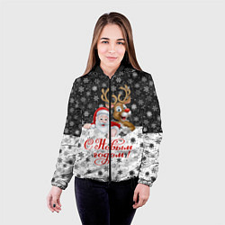 Куртка с капюшоном женская С Новым Годом дед мороз и олень, цвет: 3D-черный — фото 2