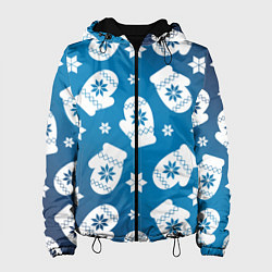 Куртка с капюшоном женская Новогодние варежки паттерн, цвет: 3D-черный