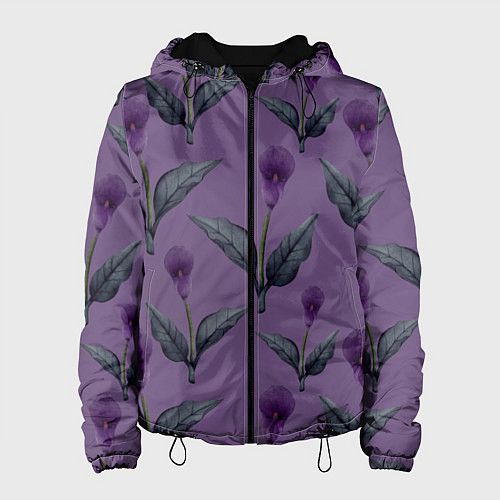 Женская куртка Фиолетовые каллы с зелеными листьями / 3D-Черный – фото 1