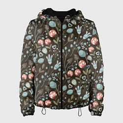 Куртка с капюшоном женская Цветы и ягоды паттерн, цвет: 3D-черный