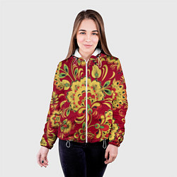 Куртка с капюшоном женская Хохломская Роспись Цветы На красном Фоне, цвет: 3D-белый — фото 2