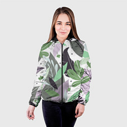 Куртка с капюшоном женская Зелёные, серые, голубые, сиреневые листья на белом, цвет: 3D-черный — фото 2