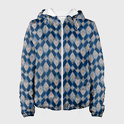 Куртка с капюшоном женская Синие, бежевые ромбы, цвет: 3D-белый