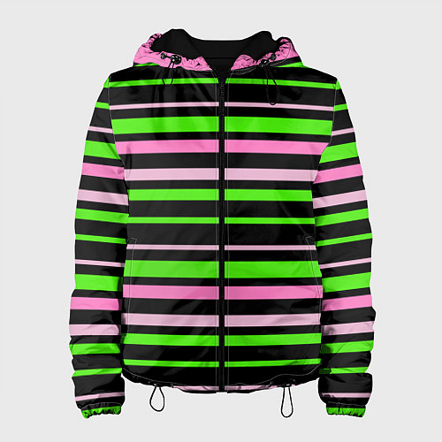 Женская куртка Полосаты узор в зелено-розовых оттенках на черном / 3D-Черный – фото 1