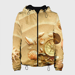 Куртка с капюшоном женская Композиция из ракушек и компаса на песке, цвет: 3D-черный