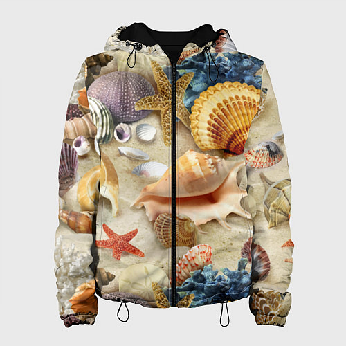 Женская куртка Морские раковины, кораллы, морские звёзды на песке / 3D-Черный – фото 1