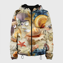 Куртка с капюшоном женская Морские раковины, кораллы, морские звёзды на песке, цвет: 3D-черный